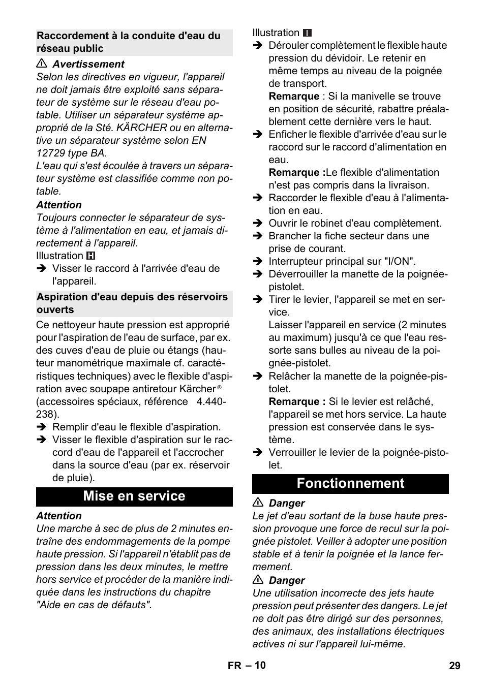 Raccordement à la conduite d'eau du réseau public, Aspiration d'eau depuis des réservoirs ouverts, Mise en service | Fonctionnement, Mise en service fonctionnement | Karcher K 5 Premium User Manual | Page 29 / 294