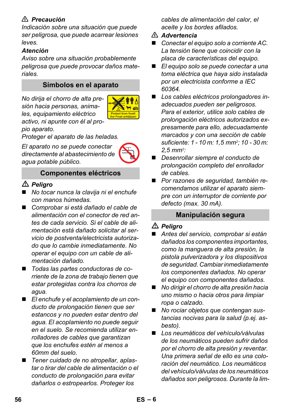 Símbolos en el aparato, Componentes eléctricos, Manipulación segura | Karcher K 5 Premium User Manual | Page 56 / 294