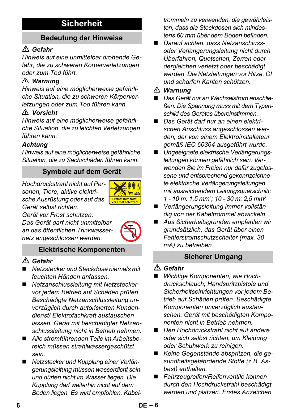 Sicherheit, Bedeutung der hinweise, Symbole auf dem gerät | Elektrische komponenten, Sicherer umgang | Karcher K 5 Premium User Manual | Page 6 / 294