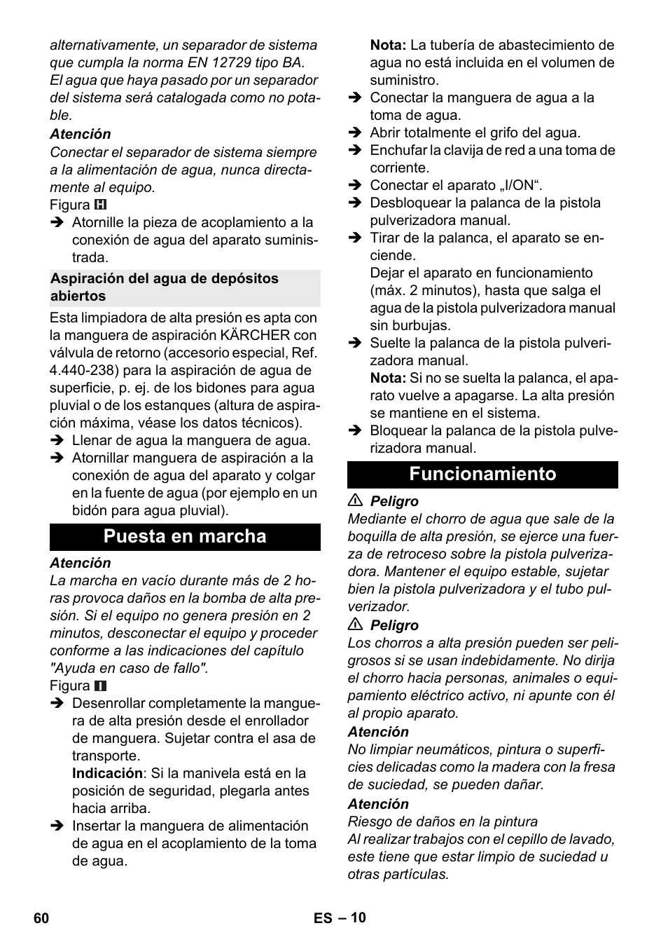 Aspiración del agua de depósitos abiertos, Puesta en marcha, Funcionamiento | Puesta en marcha funcionamiento | Karcher K 5 Premium User Manual | Page 60 / 294