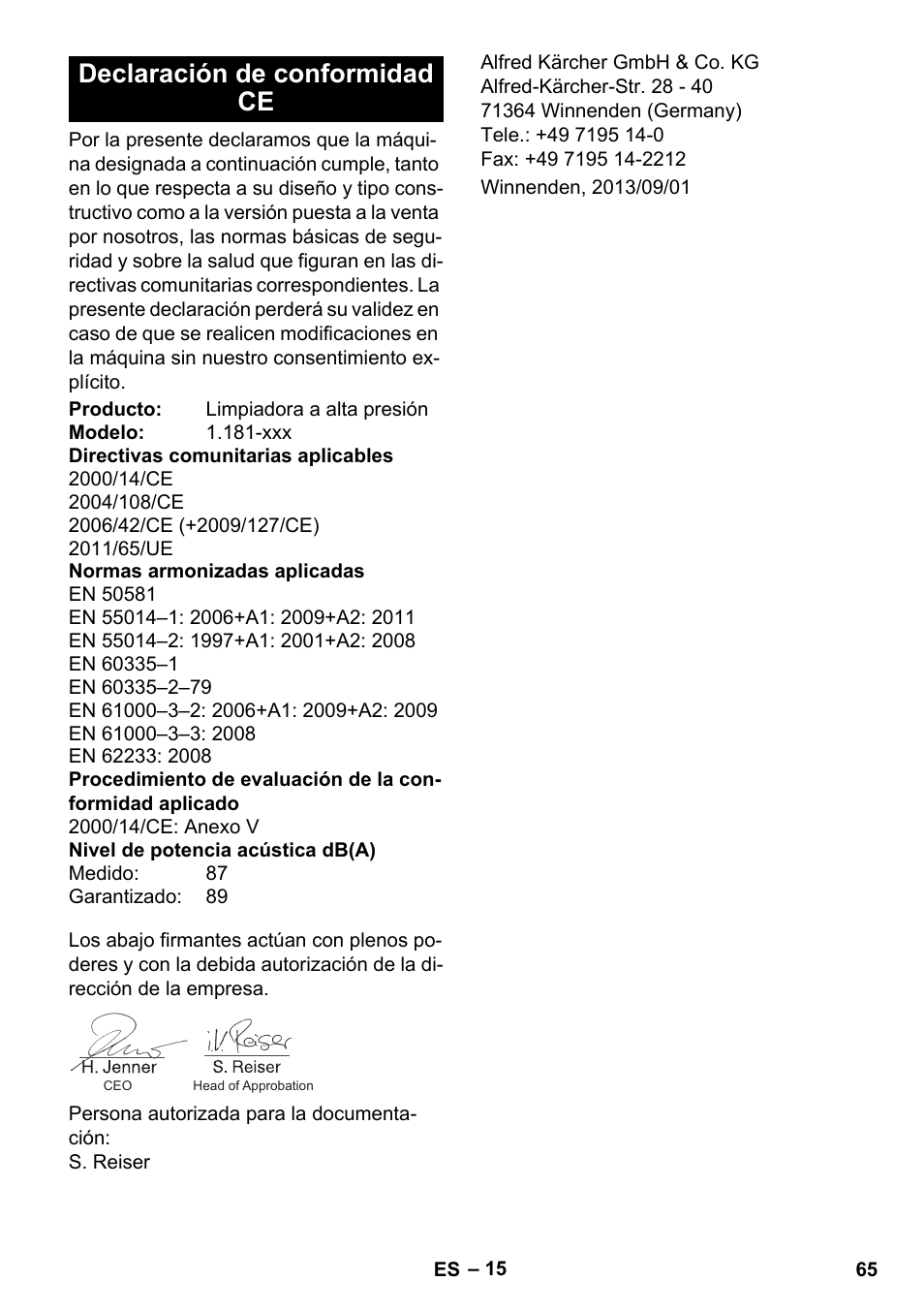 Declaración de conformidad ce | Karcher K 5 Premium User Manual | Page 65 / 294