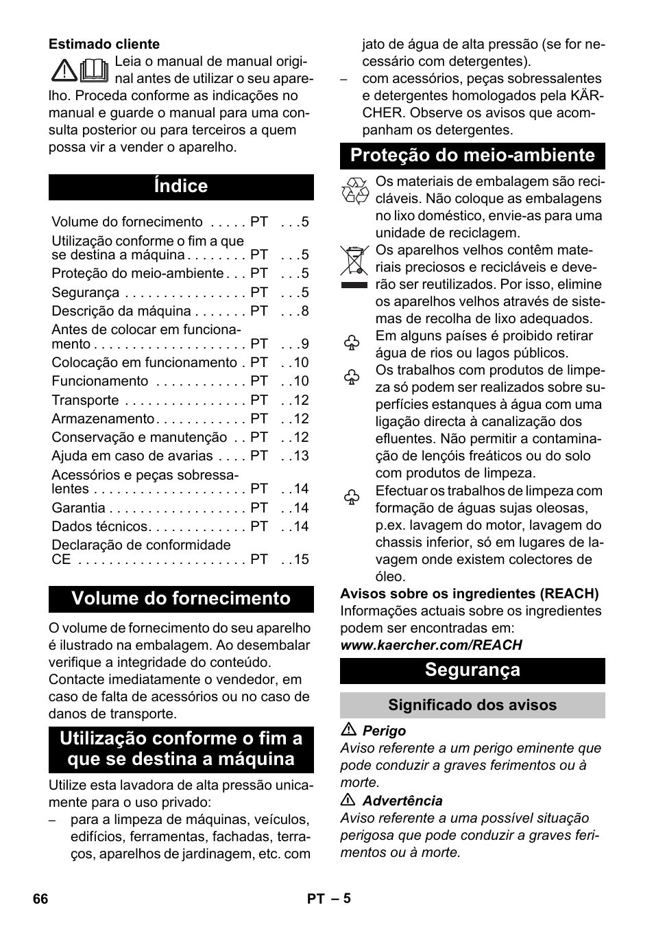 Português, Índice, Volume do fornecimento | Proteção do meio-ambiente, Segurança, Significado dos avisos | Karcher K 5 Premium User Manual | Page 66 / 294