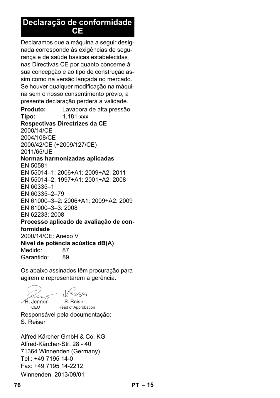 Declaração de conformidade ce | Karcher K 5 Premium User Manual | Page 76 / 294