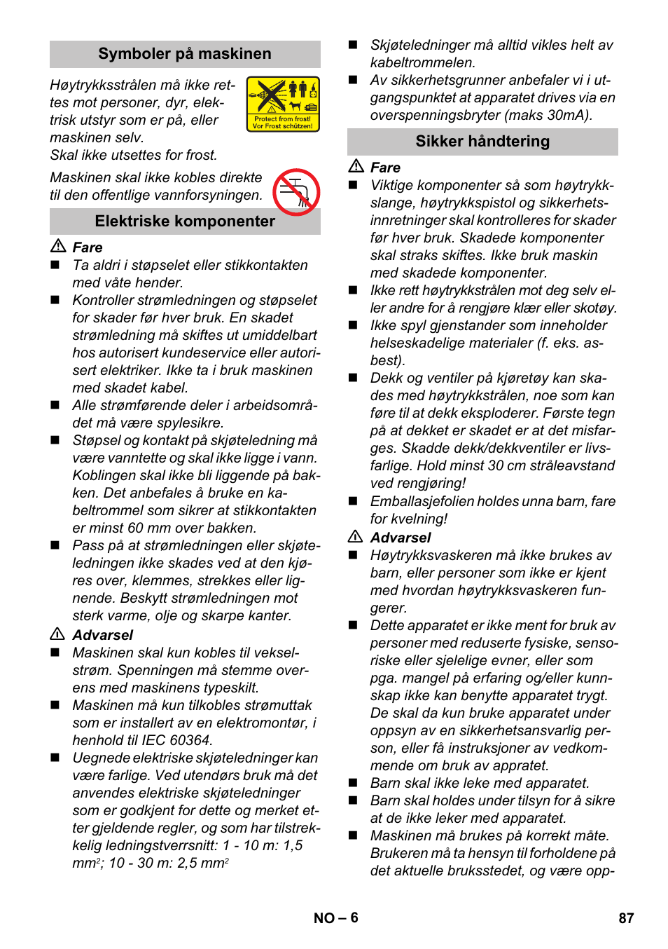 Symboler på maskinen, Elektriske komponenter, Sikker håndtering | Karcher K 5 Premium User Manual | Page 87 / 294