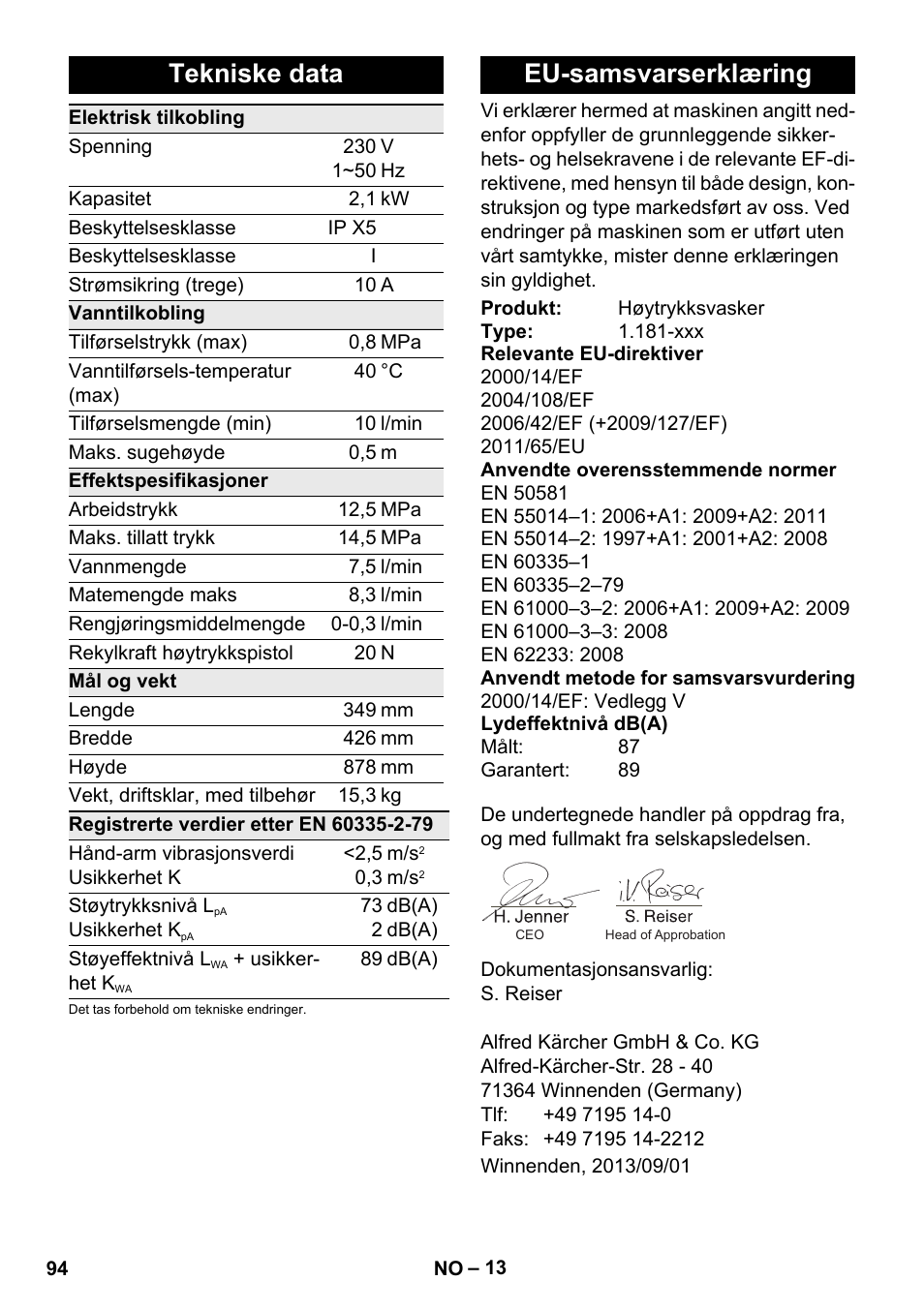 Tekniske data, Eu-samsvarserklæring | Karcher K 5 Premium User Manual | Page 94 / 294