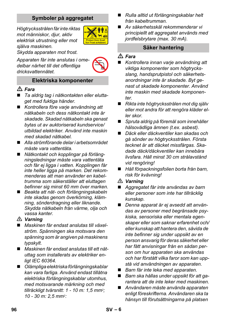 Symboler på aggregatet, Elektriska komponenter, Säker hantering | Karcher K 5 Premium User Manual | Page 96 / 294