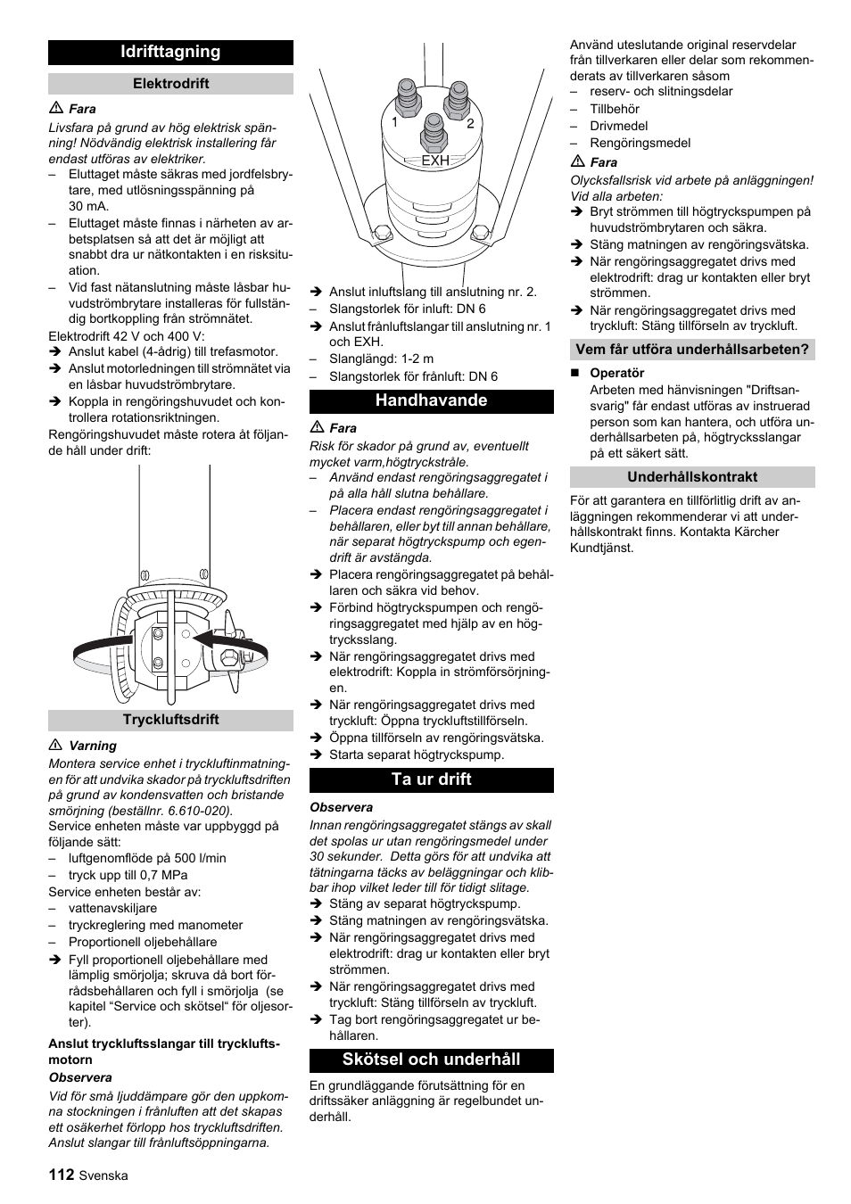 Idrifttagning, Handhavande ta ur drift skötsel och underhåll | Karcher HKF 200 ET User Manual | Page 112 / 228