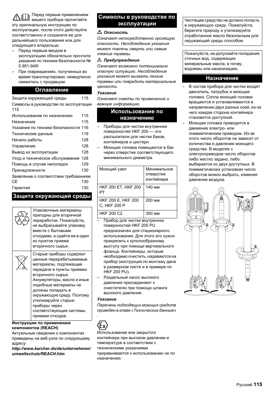 Оглавление защита окружающей среды, Назначение | Karcher HKF 200 ET User Manual | Page 115 / 228