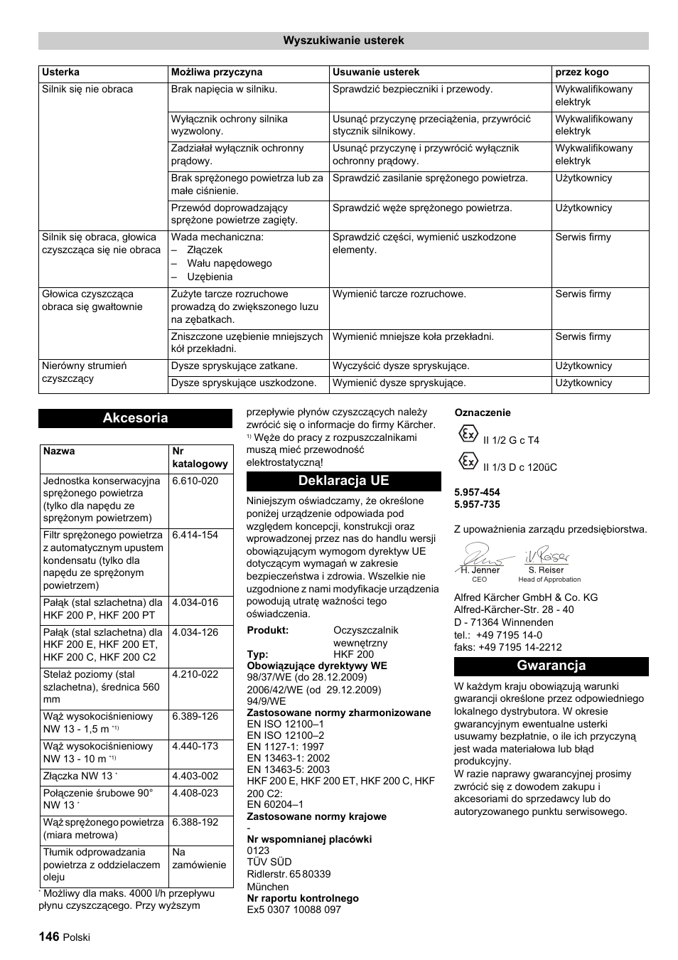 Akcesoria, Deklaracja ue, Gwarancja | Karcher HKF 200 ET User Manual | Page 146 / 228