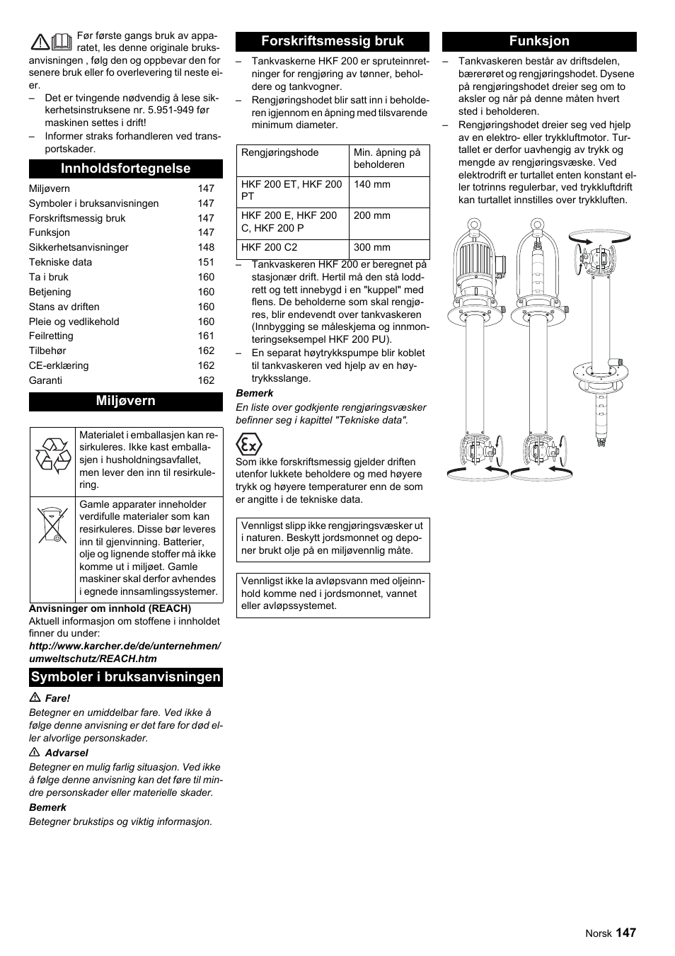 Innholdsfortegnelse miljøvern, Symboler i bruksanvisningen forskriftsmessig bruk, Funksjon | Karcher HKF 200 ET User Manual | Page 147 / 228