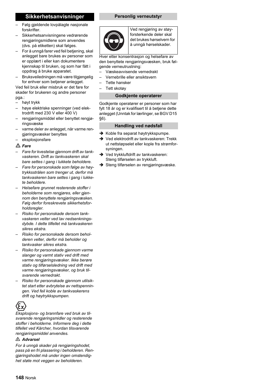 Sikkerhetsanvisninger | Karcher HKF 200 ET User Manual | Page 148 / 228