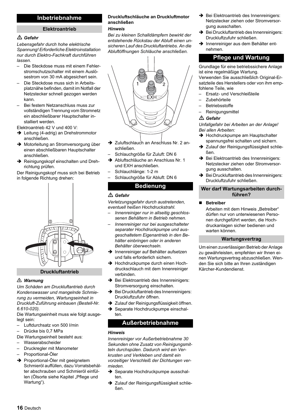 Inbetriebnahme, Bedienung außerbetriebnahme pflege und wartung | Karcher HKF 200 ET User Manual | Page 16 / 228