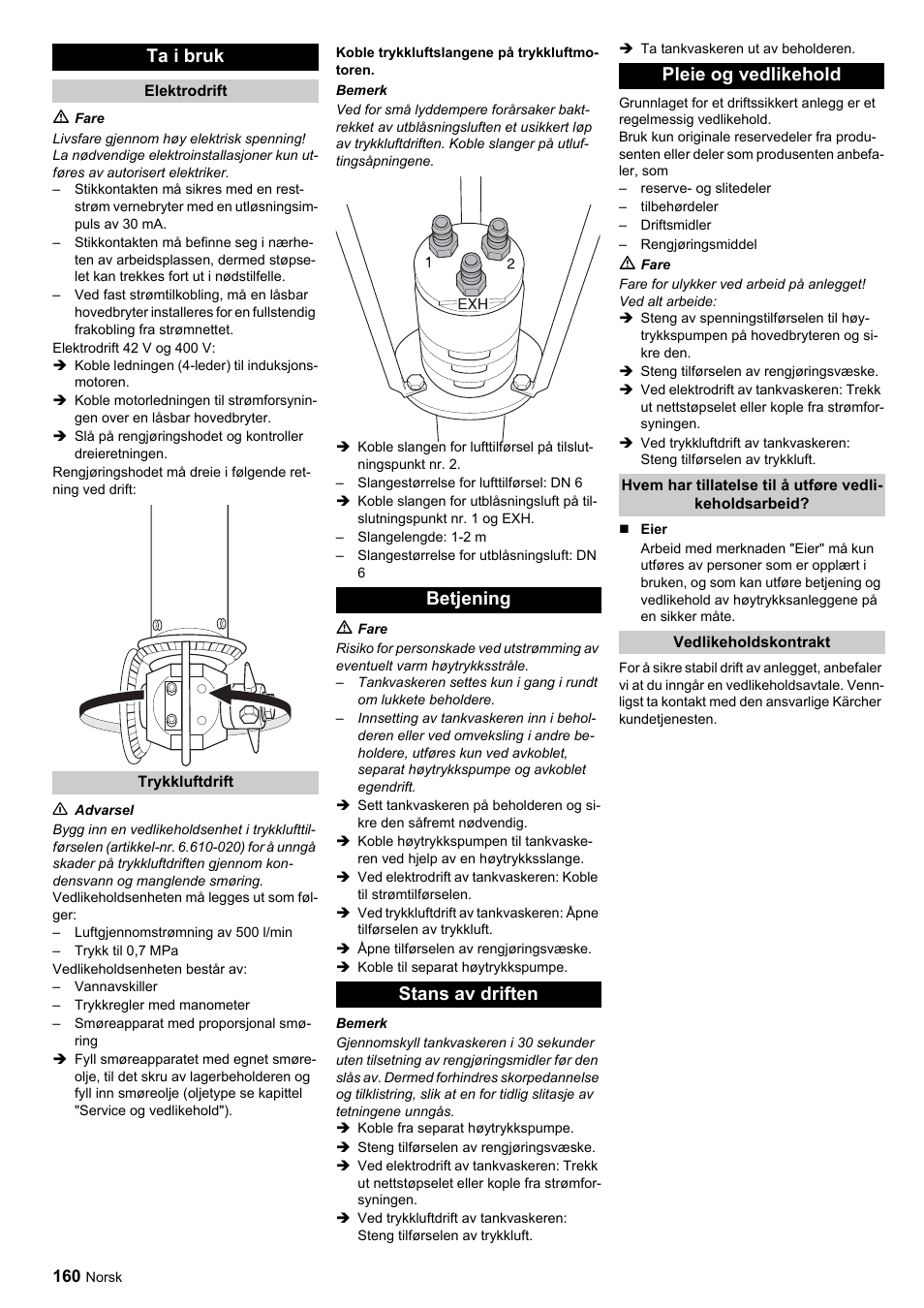 Ta i bruk, Betjening stans av driften pleie og vedlikehold | Karcher HKF 200 ET User Manual | Page 160 / 228