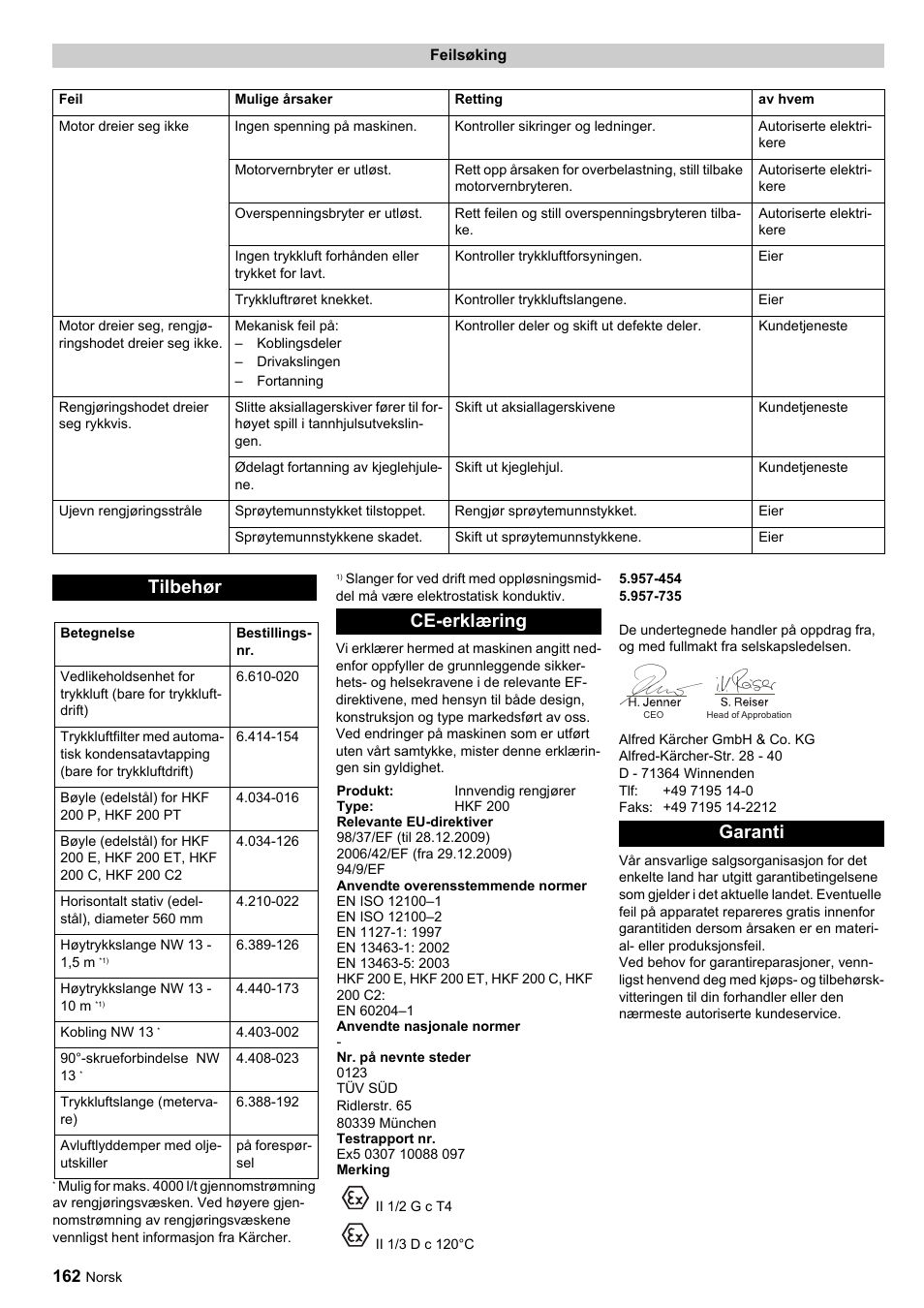 Tilbehør, Ce-erklæring, Garanti | Karcher HKF 200 ET User Manual | Page 162 / 228