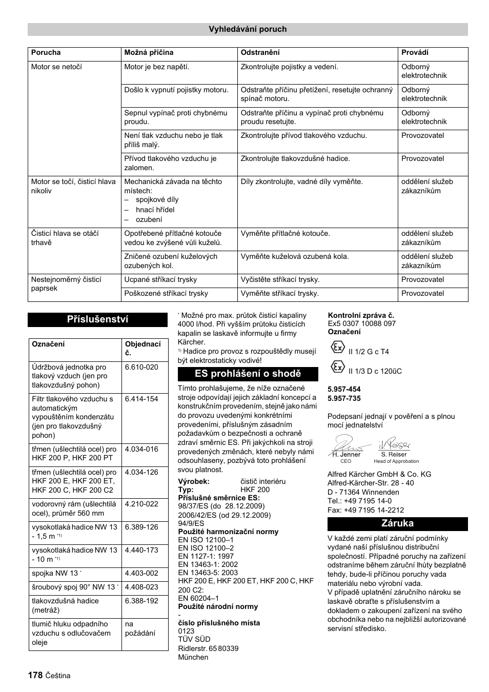 Příslušenství, Es prohlášení o shodě, Záruka | Karcher HKF 200 ET User Manual | Page 178 / 228