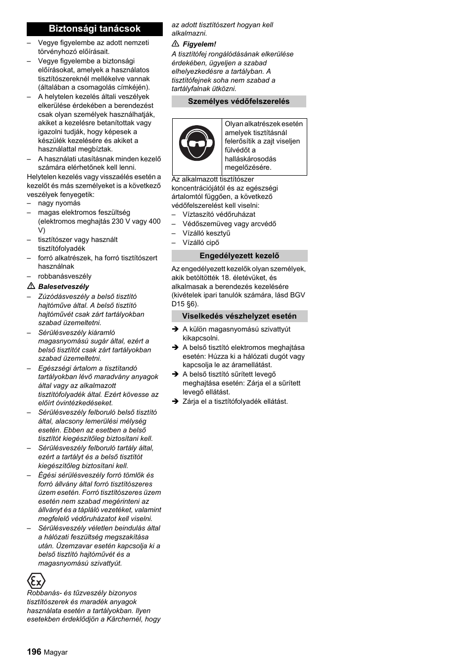 Biztonsági tanácsok | Karcher HKF 200 ET User Manual | Page 196 / 228