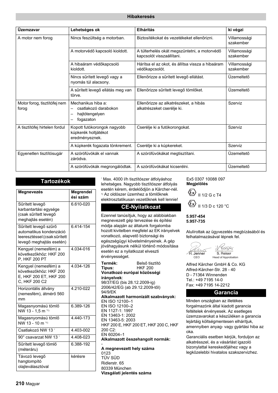 Tartozékok, Ce-nyilatkozat, Garancia | Karcher HKF 200 ET User Manual | Page 210 / 228