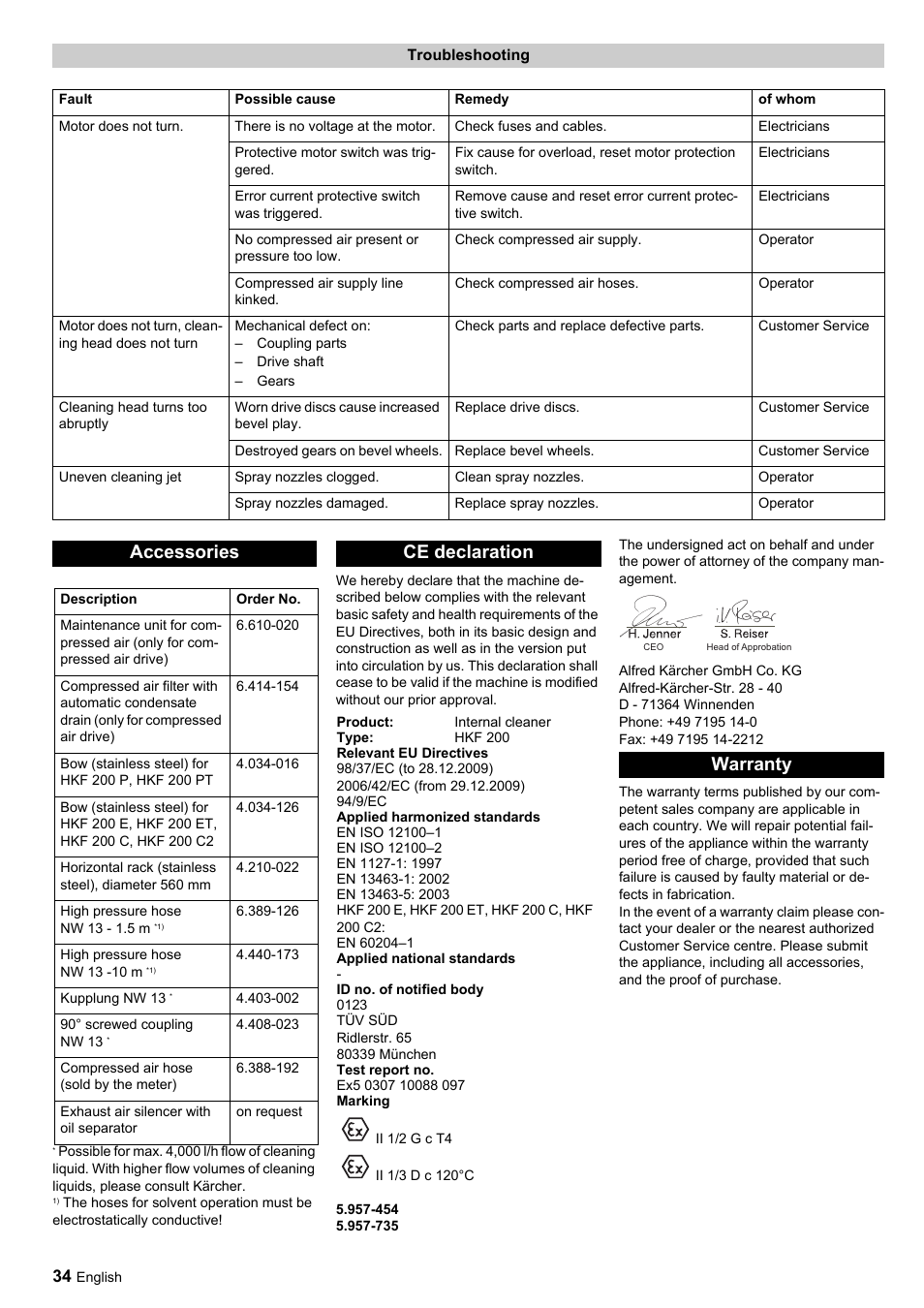 Accessories, Ce declaration, Warranty | Karcher HKF 200 ET User Manual | Page 34 / 228