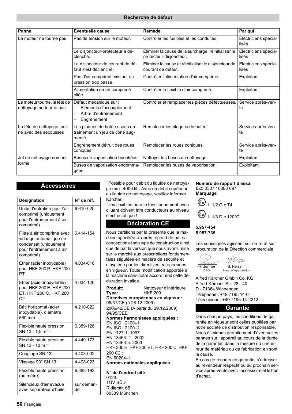 Accessoires, Déclaration ce, Garantie | Karcher HKF 200 ET User Manual | Page 50 / 228