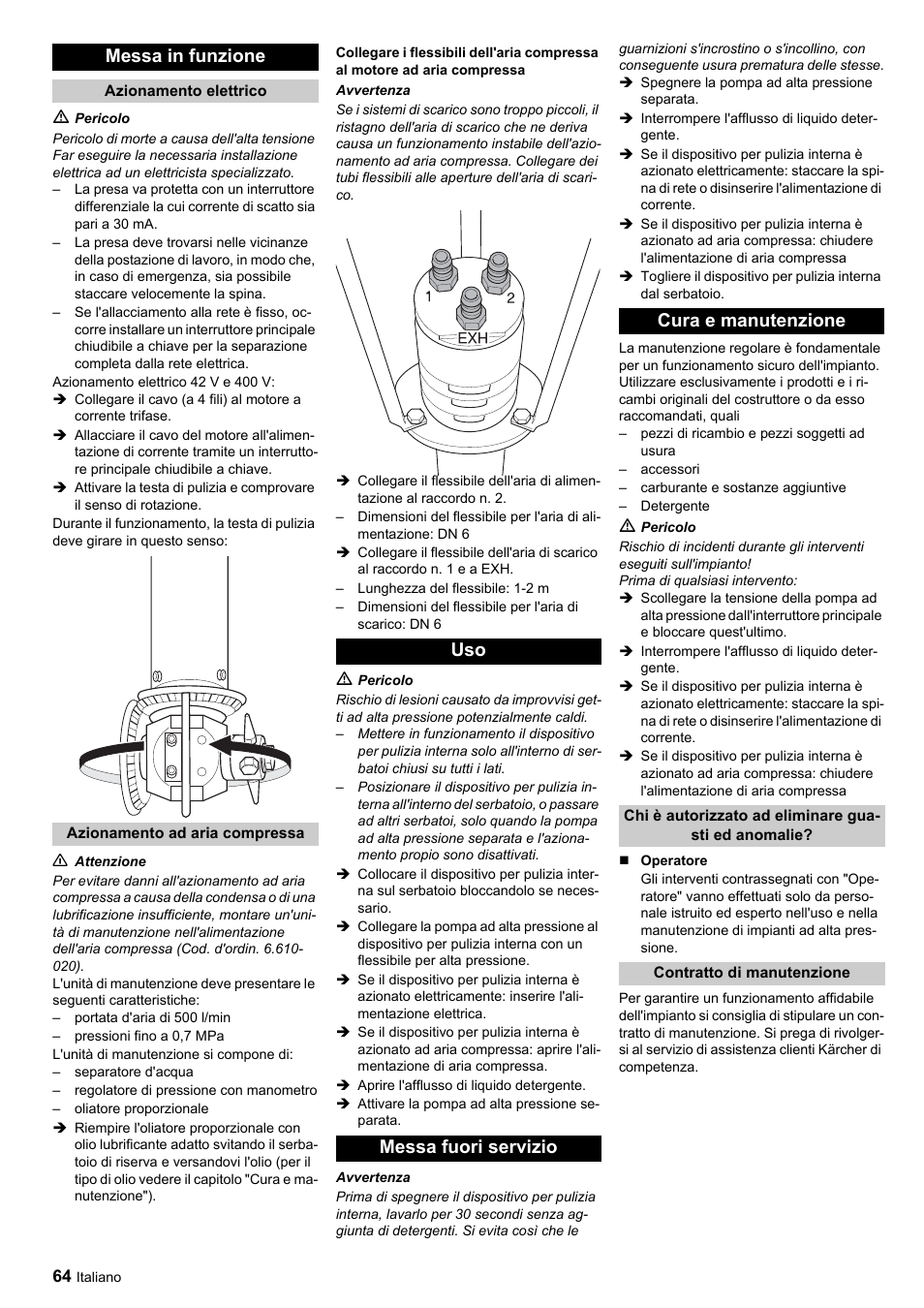 Messa in funzione, Uso messa fuori servizio cura e manutenzione | Karcher HKF 200 ET User Manual | Page 64 / 228
