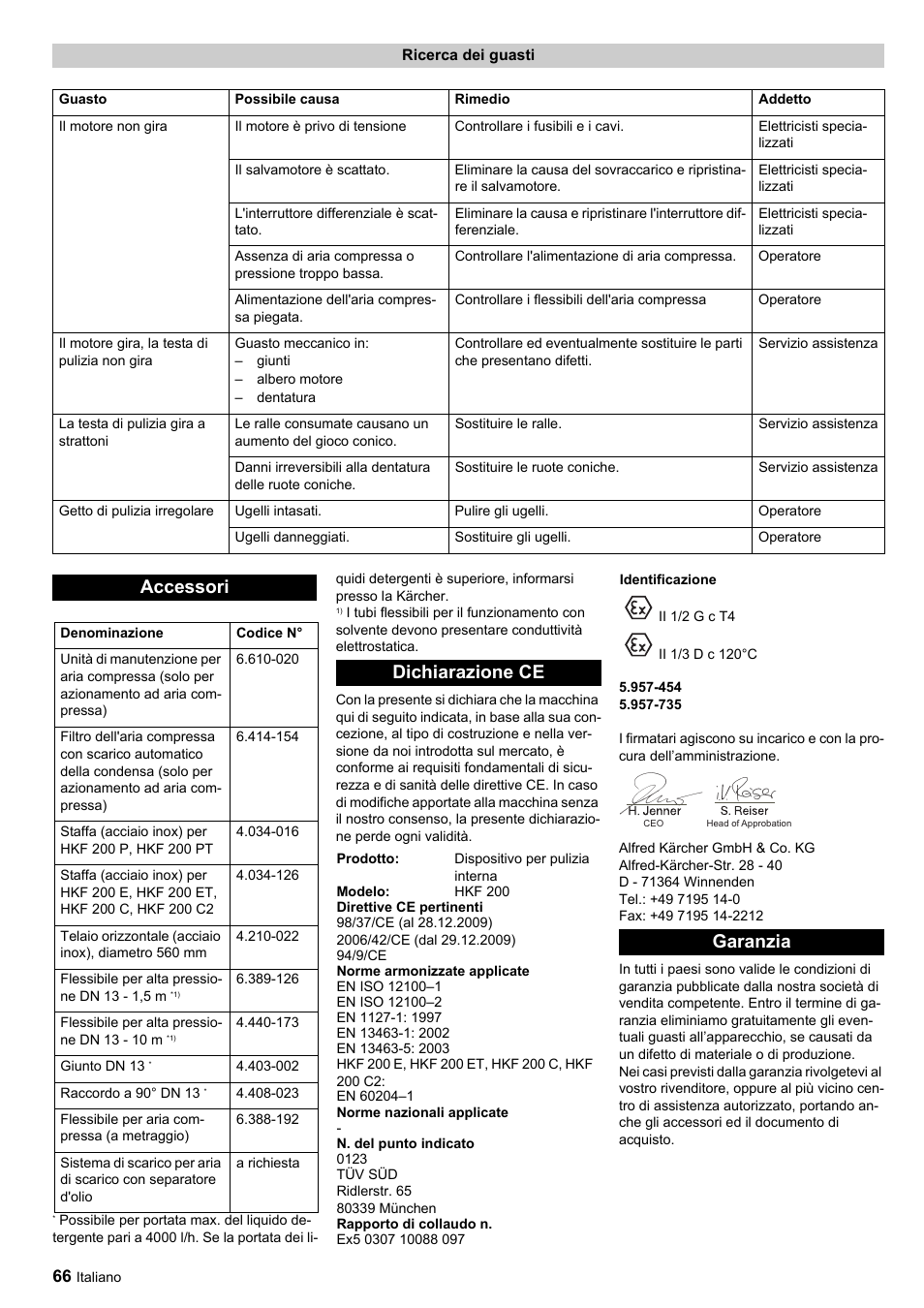 Accessori, Dichiarazione ce, Garanzia | Karcher HKF 200 ET User Manual | Page 66 / 228