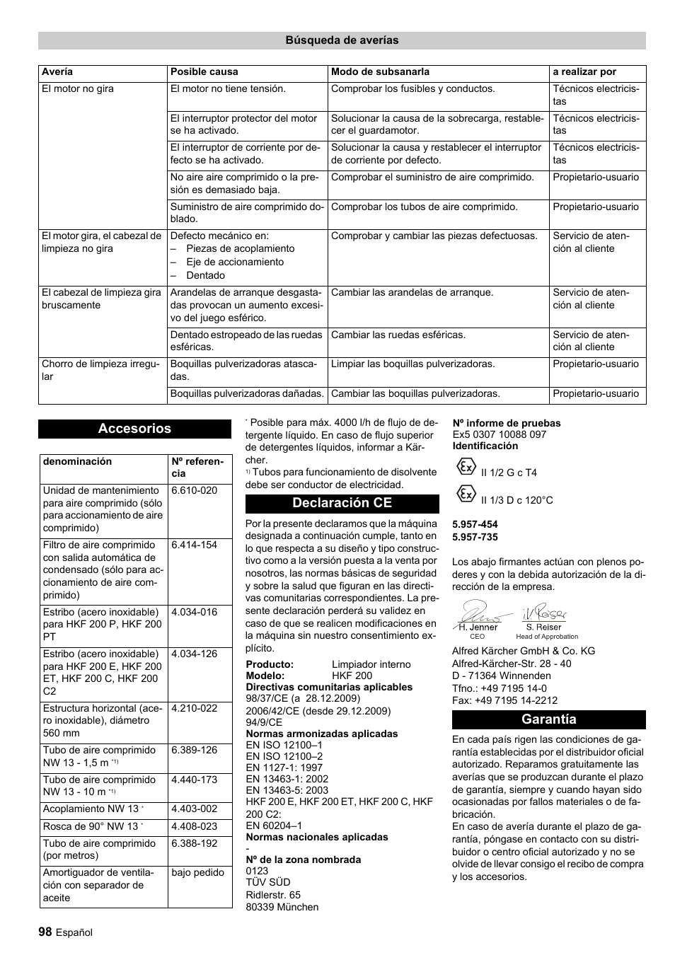 Accesorios, Declaración ce, Garantía | Karcher HKF 200 ET User Manual | Page 98 / 228