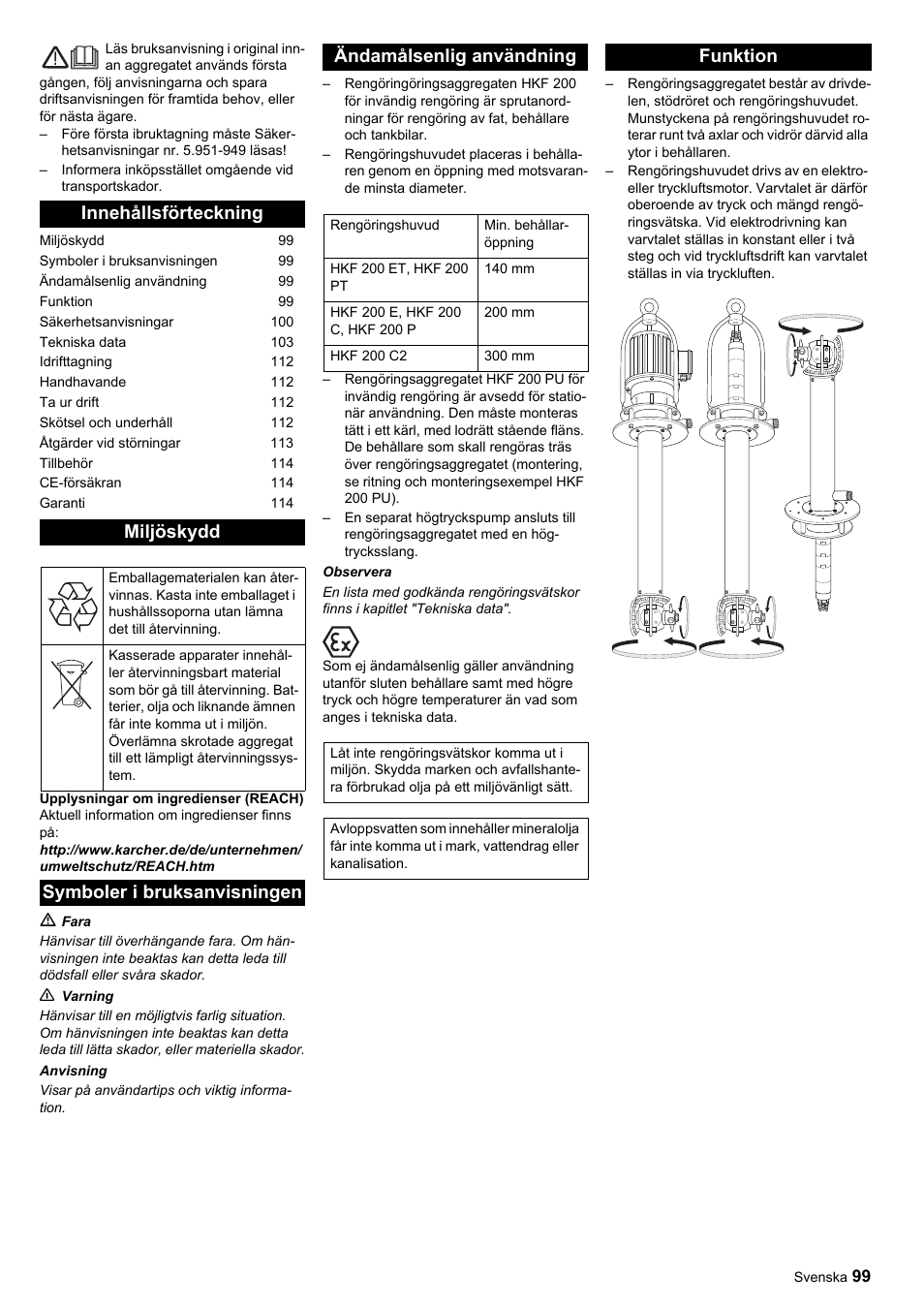 Innehållsförteckning miljöskydd, Funktion | Karcher HKF 200 ET User Manual | Page 99 / 228