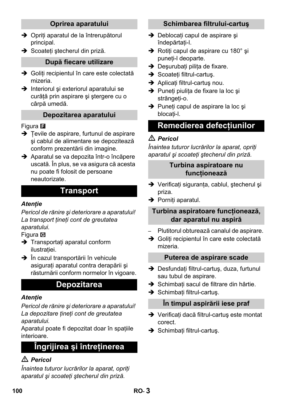Transport depozitarea îngrijirea şi întreţinerea, Remedierea defecţiunilor | Karcher NT 27-1 Professional User Manual | Page 100 / 148