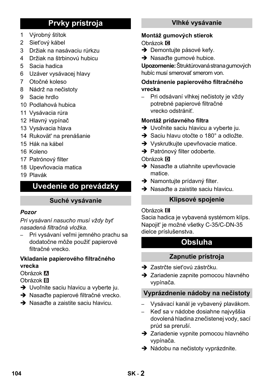 Prvky prístroja uvedenie do prevádzky, Obsluha | Karcher NT 27-1 Professional User Manual | Page 104 / 148