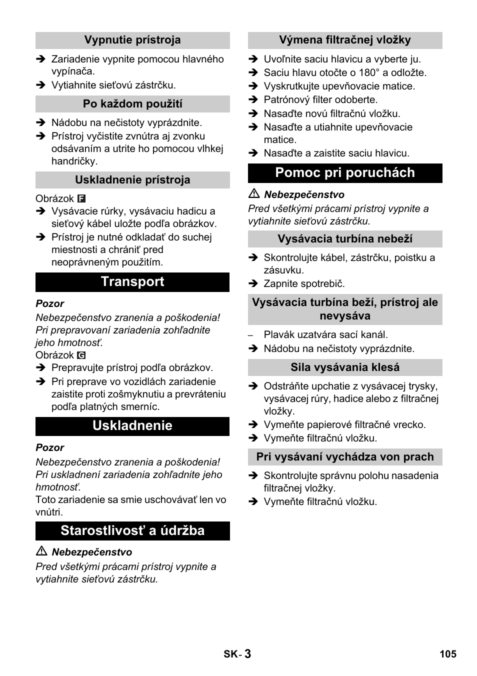 Transport uskladnenie starostlivosť a údržba, Pomoc pri poruchách | Karcher NT 27-1 Professional User Manual | Page 105 / 148