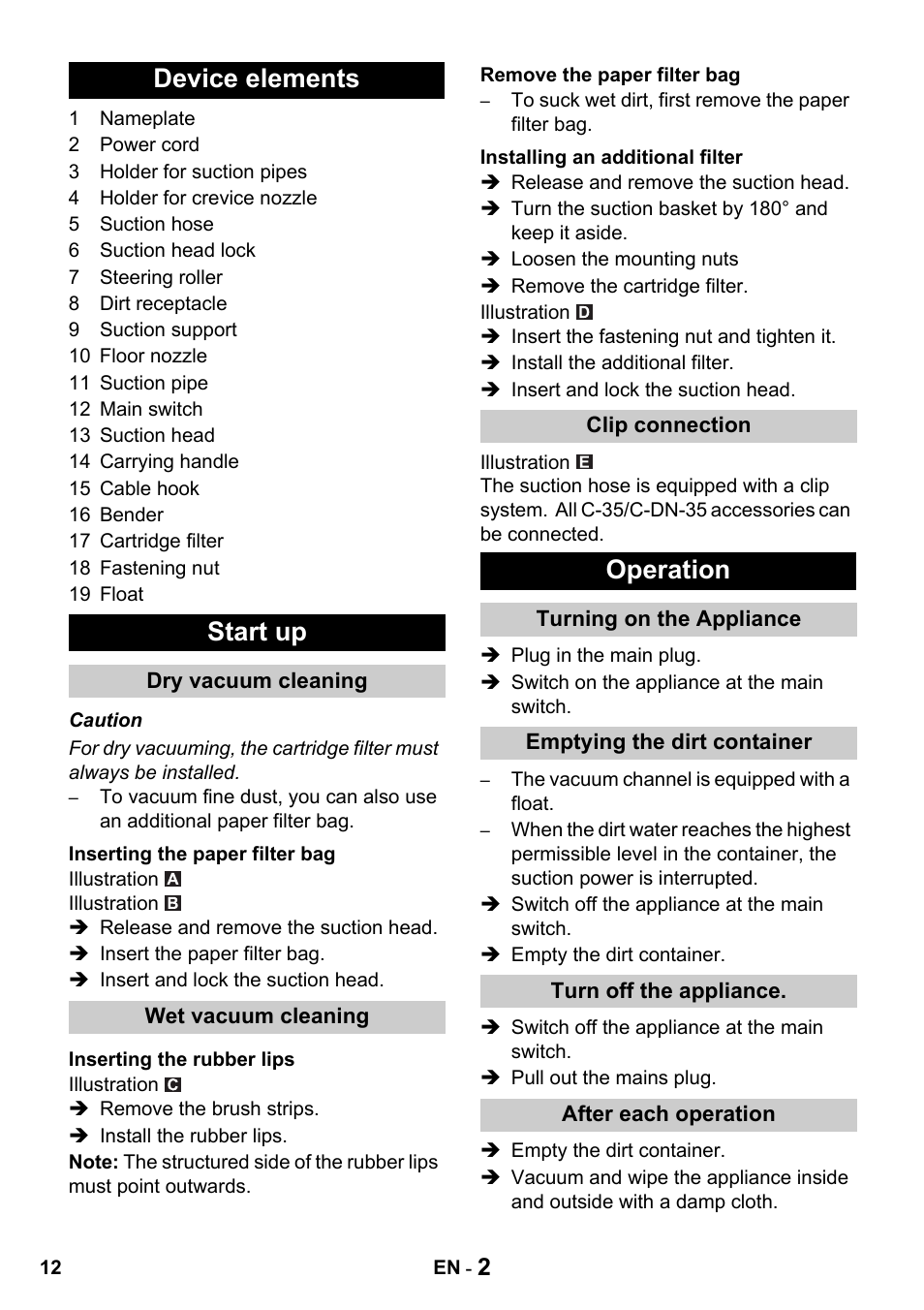 Device elements start up, Operation | Karcher NT 27-1 Professional User Manual | Page 12 / 148