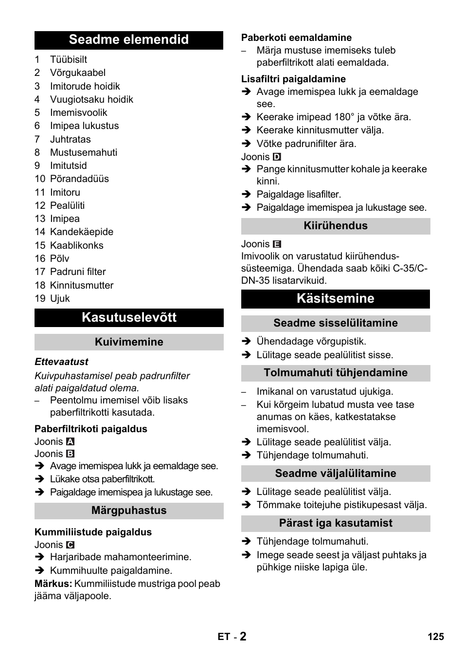 Seadme elemendid kasutuselevõtt, Käsitsemine | Karcher NT 27-1 Professional User Manual | Page 125 / 148