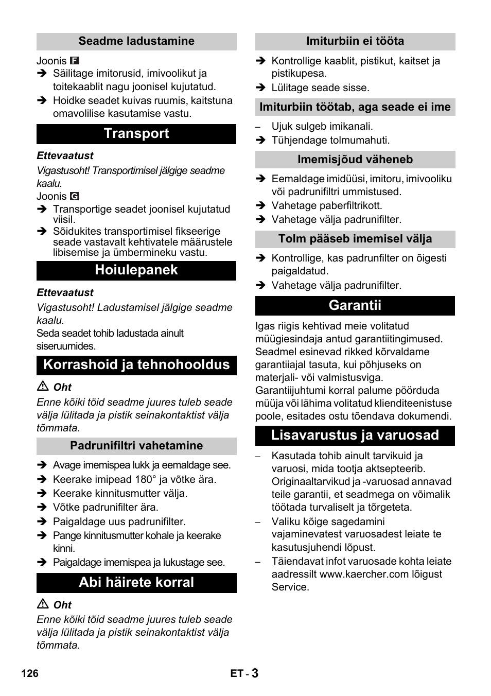 Transport hoiulepanek korrashoid ja tehnohooldus, Abi häirete korral, Garantii lisavarustus ja varuosad | Karcher NT 27-1 Professional User Manual | Page 126 / 148