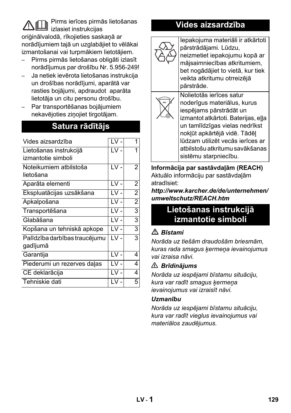 Satura rādītājs, Vides aizsardzība, Lietošanas instrukcijā izmantotie simboli | Karcher NT 27-1 Professional User Manual | Page 129 / 148