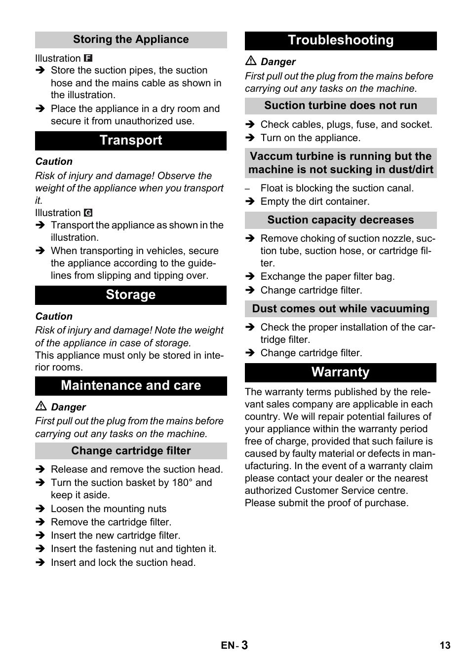 Transport storage maintenance and care, Troubleshooting, Warranty | Karcher NT 27-1 Professional User Manual | Page 13 / 148