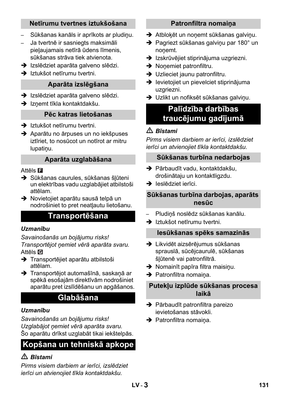 Palīdzība darbības traucējumu gadījumā | Karcher NT 27-1 Professional User Manual | Page 131 / 148