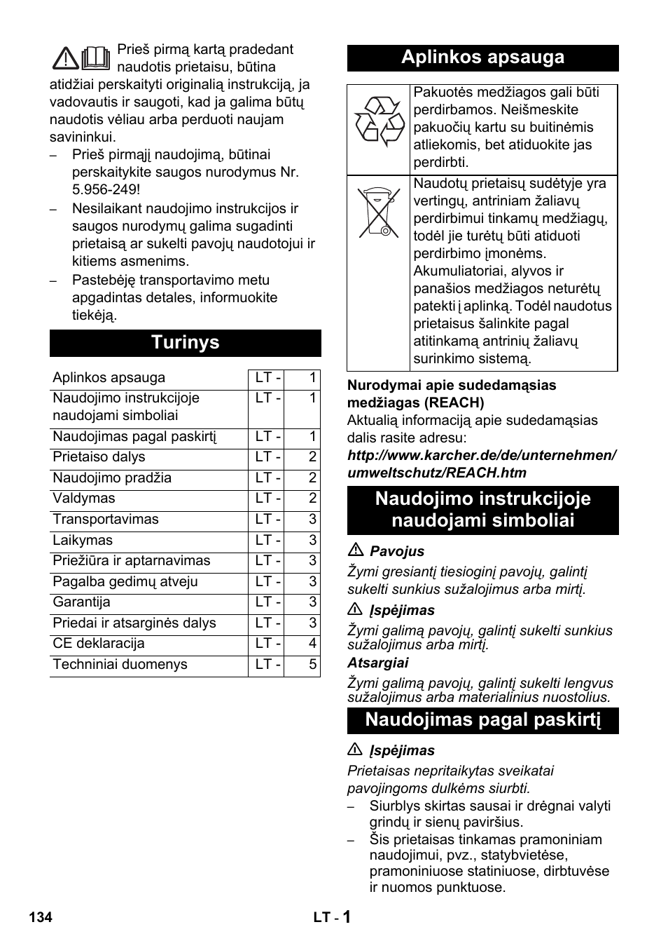 Turinys, Aplinkos apsauga | Karcher NT 27-1 Professional User Manual | Page 134 / 148