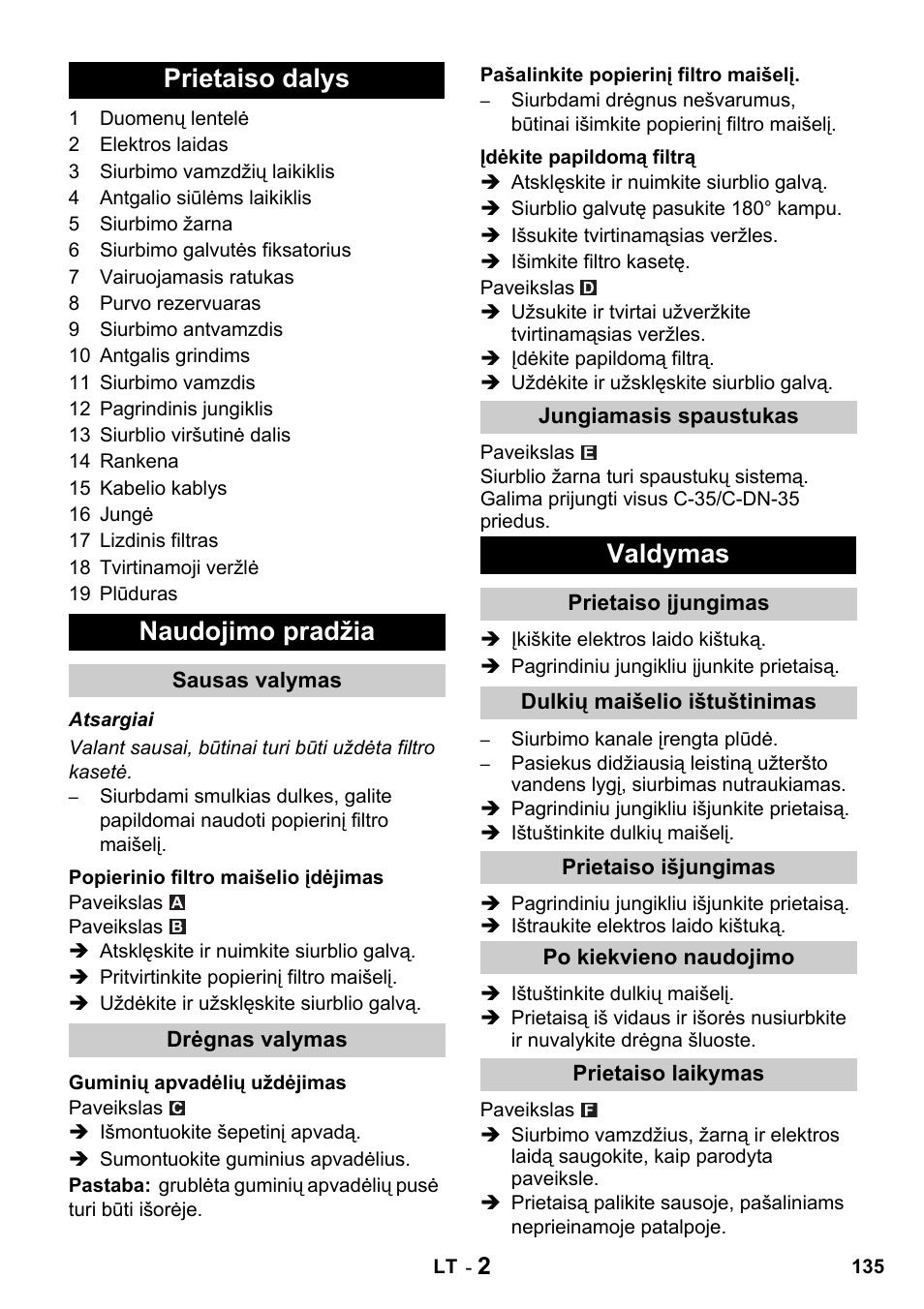 Prietaiso dalys naudojimo pradžia, Valdymas | Karcher NT 27-1 Professional User Manual | Page 135 / 148