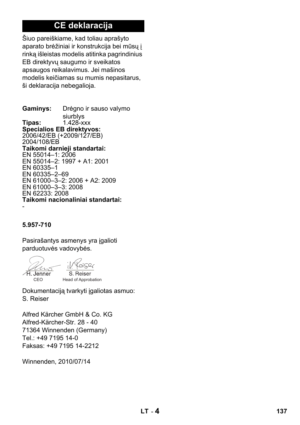 Ce deklaracija | Karcher NT 27-1 Professional User Manual | Page 137 / 148