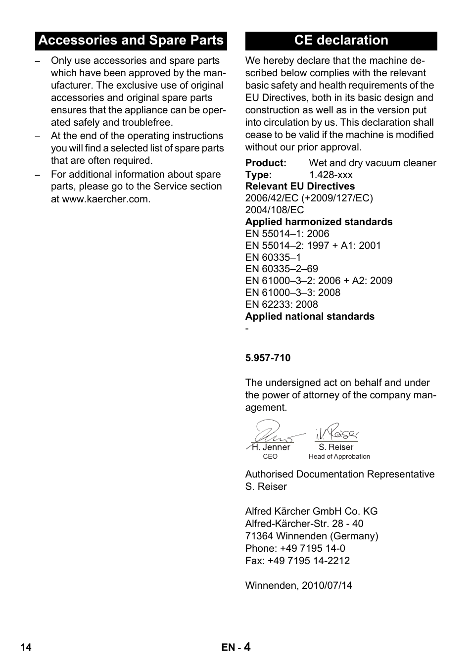 Accessories and spare parts ce declaration | Karcher NT 27-1 Professional User Manual | Page 14 / 148