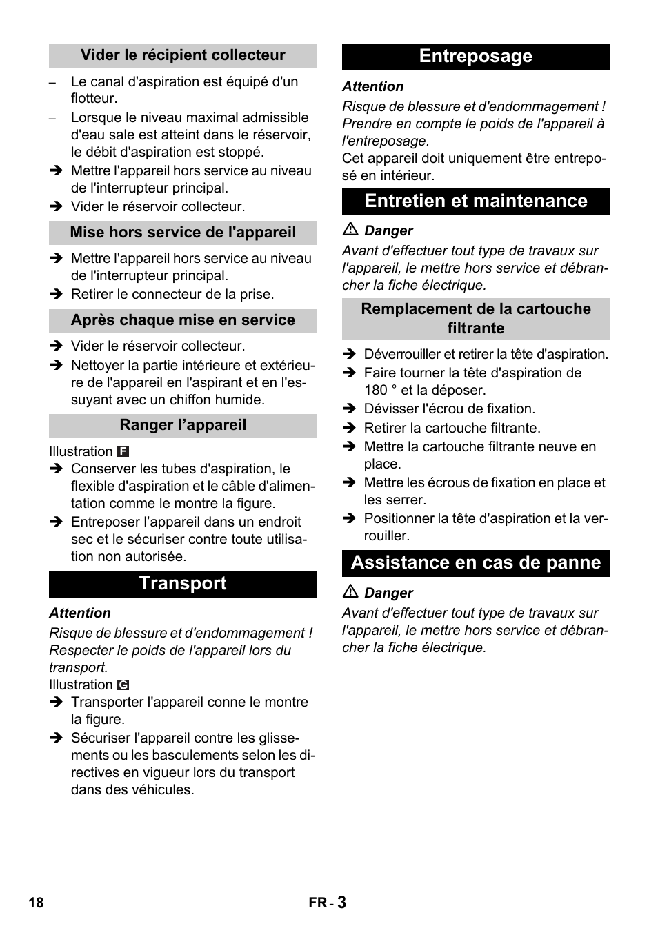 Transport entreposage entretien et maintenance, Assistance en cas de panne | Karcher NT 27-1 Professional User Manual | Page 18 / 148