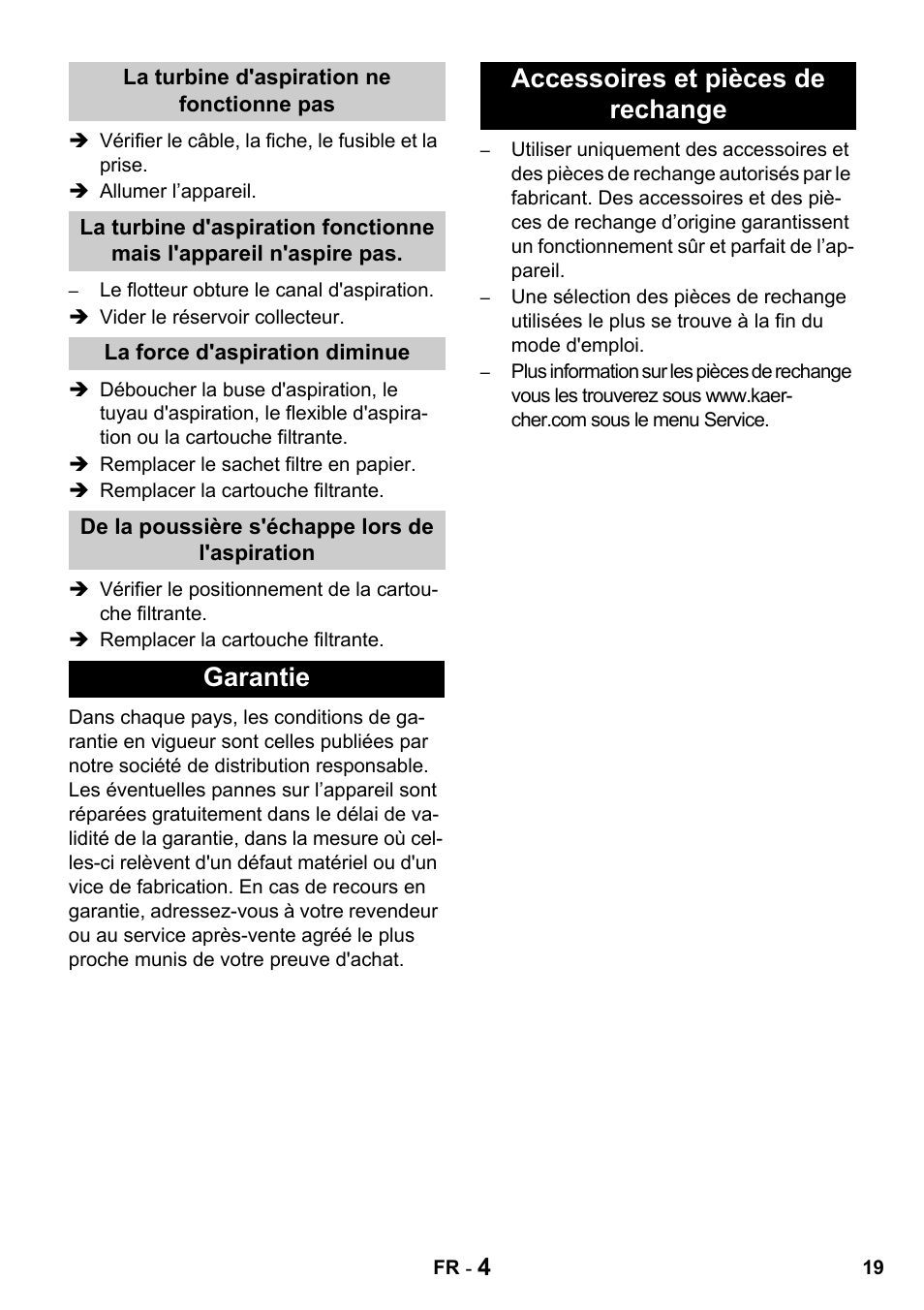 Garantie accessoires et pièces de rechange | Karcher NT 27-1 Professional User Manual | Page 19 / 148