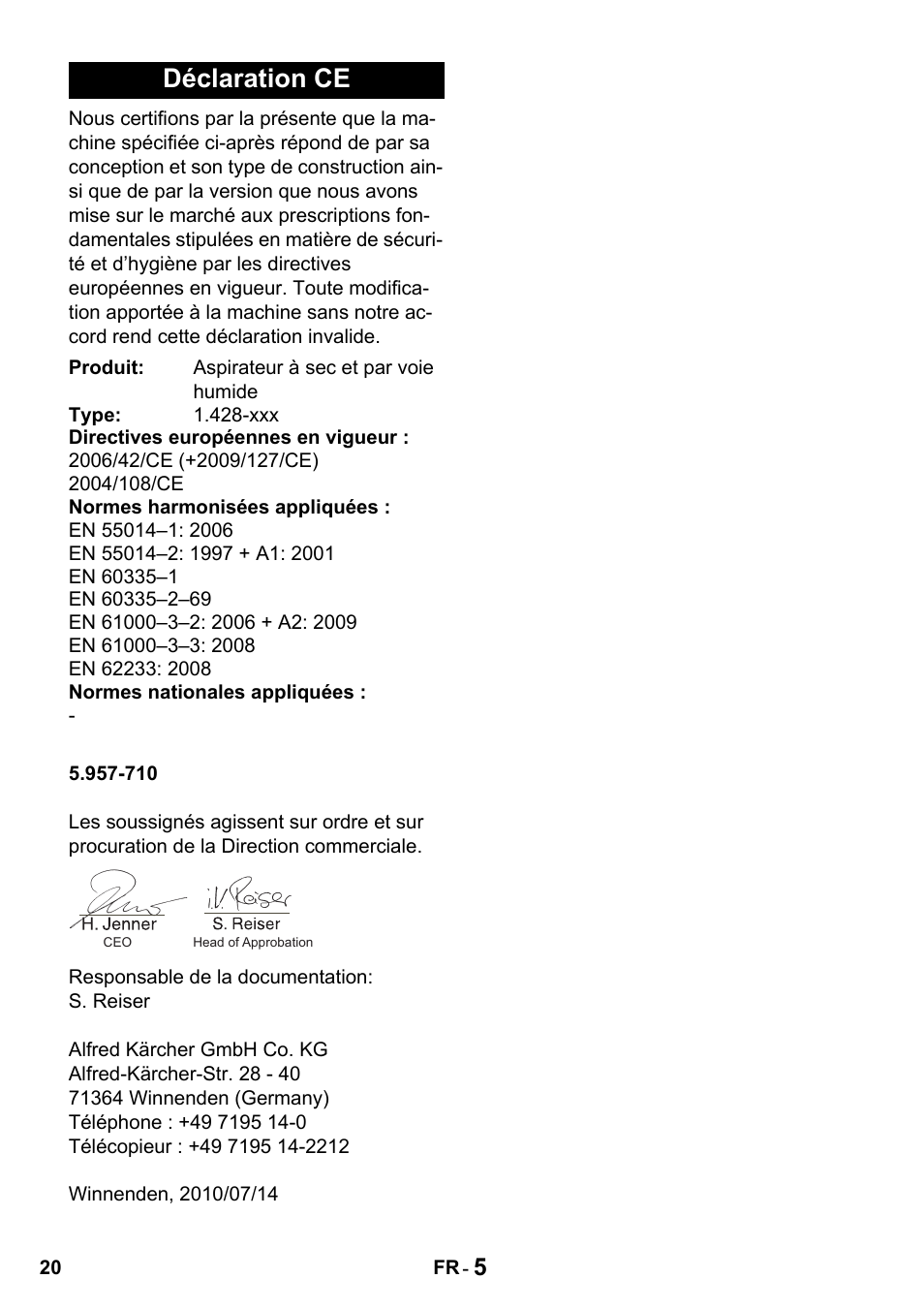 Déclaration ce | Karcher NT 27-1 Professional User Manual | Page 20 / 148