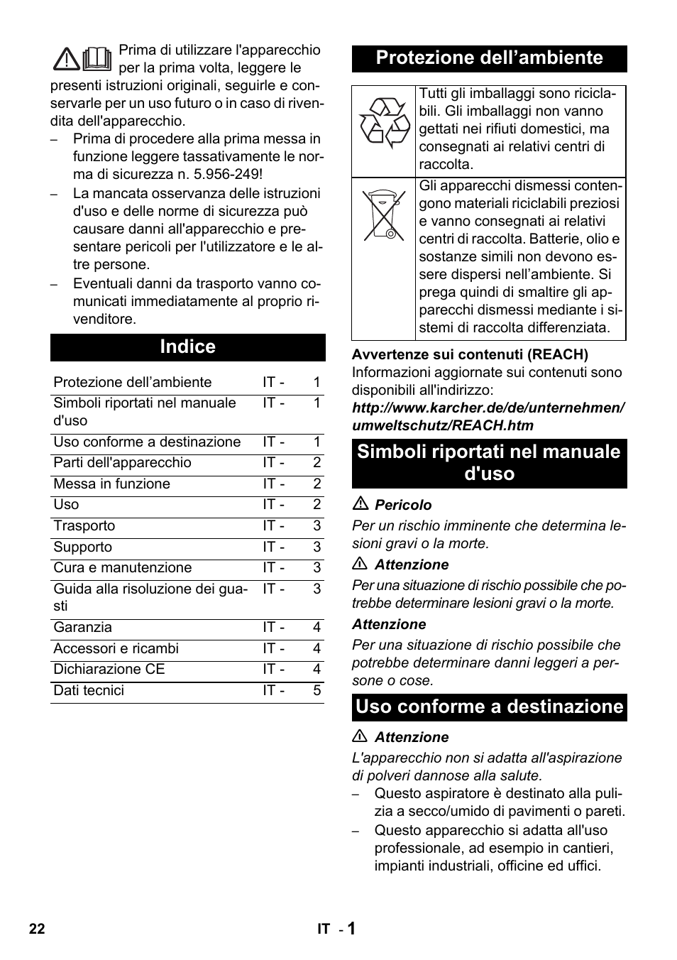 Indice, Protezione dell’ambiente | Karcher NT 27-1 Professional User Manual | Page 22 / 148