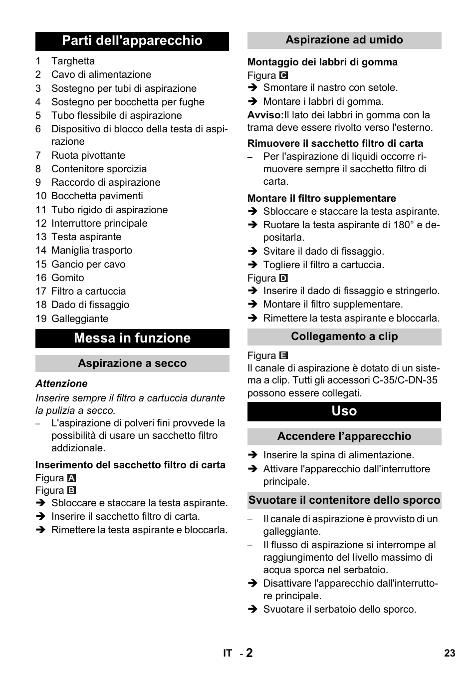 Parti dell'apparecchio messa in funzione | Karcher NT 27-1 Professional User Manual | Page 23 / 148