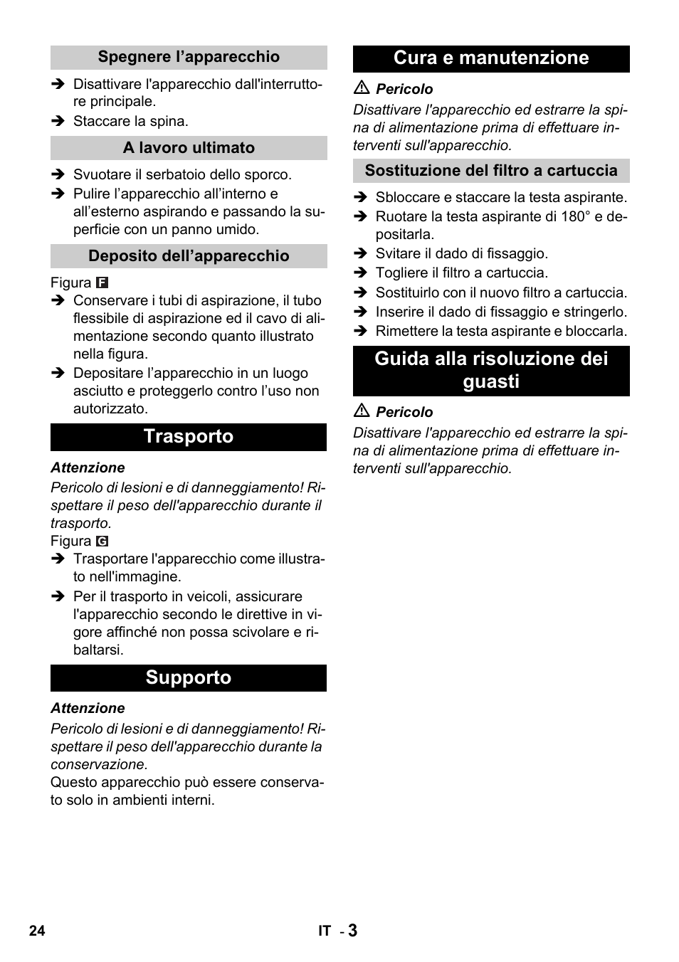 Trasporto supporto cura e manutenzione, Guida alla risoluzione dei guasti | Karcher NT 27-1 Professional User Manual | Page 24 / 148