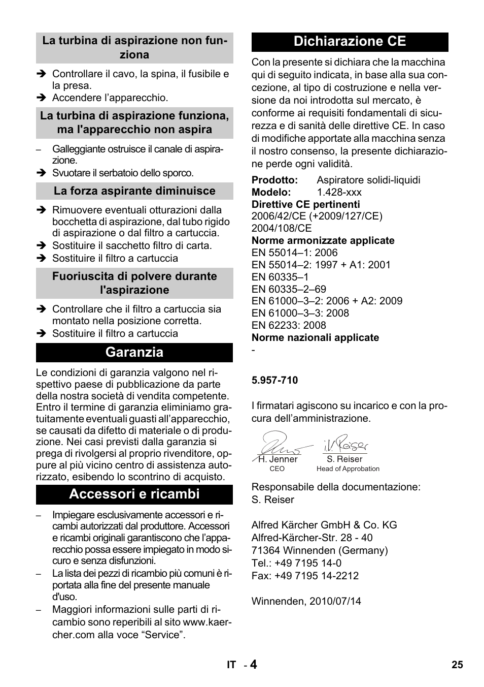 Garanzia accessori e ricambi dichiarazione ce | Karcher NT 27-1 Professional User Manual | Page 25 / 148