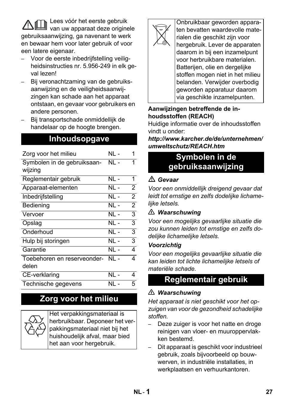 Inhoudsopgave, Zorg voor het milieu | Karcher NT 27-1 Professional User Manual | Page 27 / 148