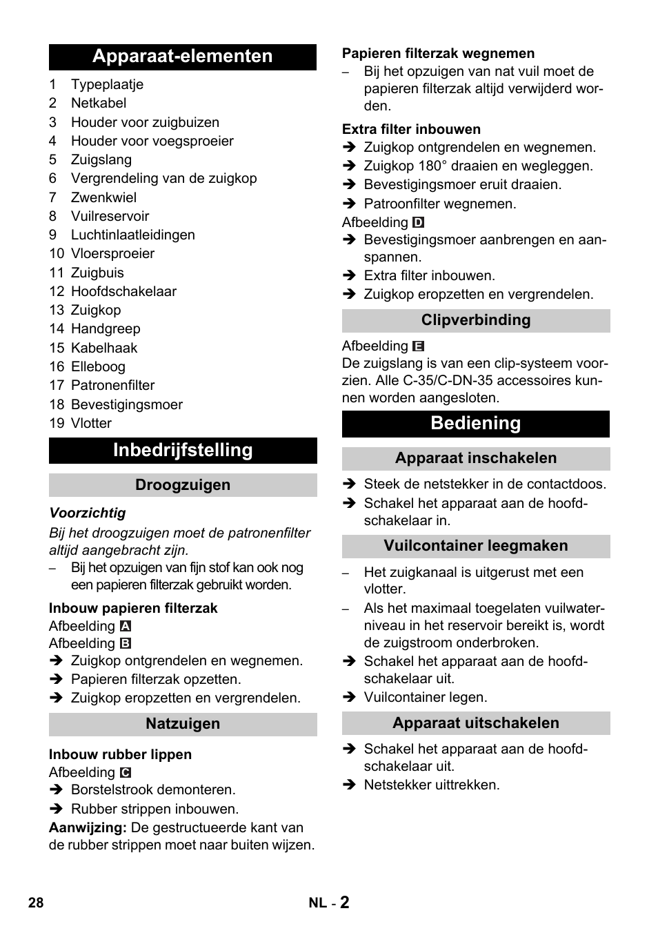 Apparaat-elementen inbedrijfstelling, Bediening | Karcher NT 27-1 Professional User Manual | Page 28 / 148