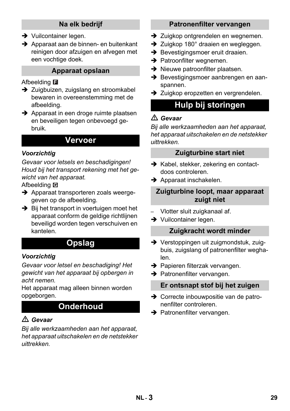 Vervoer opslag onderhoud, Hulp bij storingen | Karcher NT 27-1 Professional User Manual | Page 29 / 148